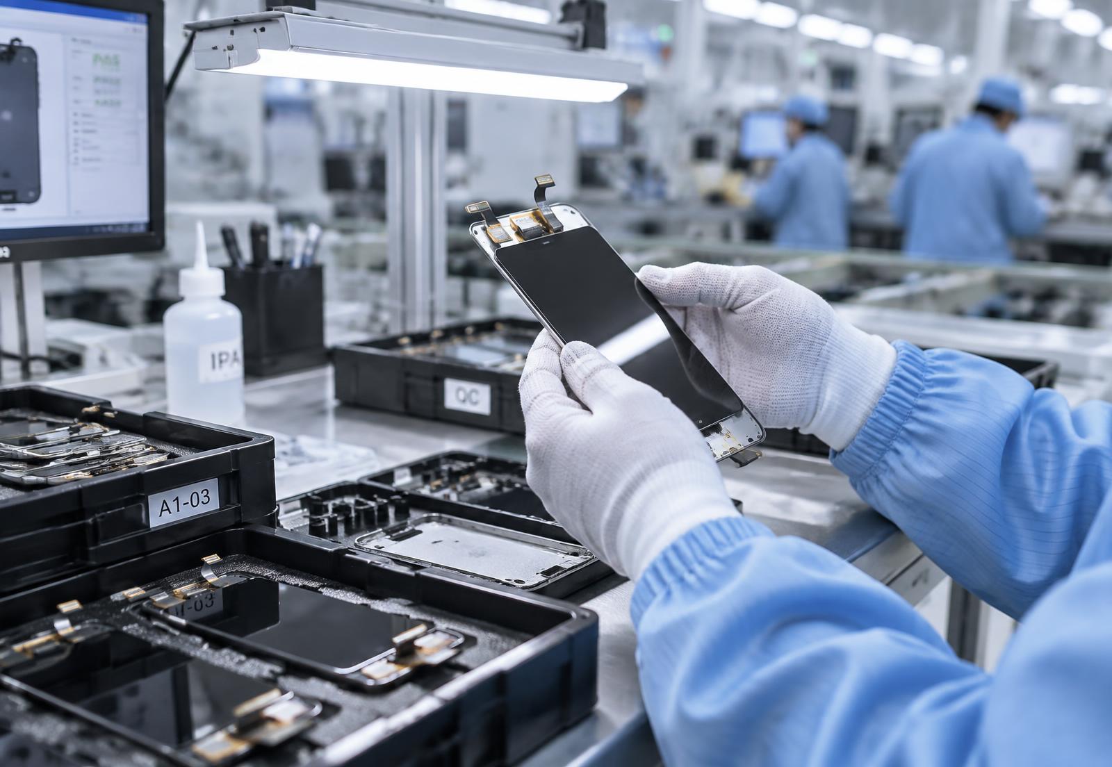 MobileHQ Global team inspecting phone screen assemblies at a factory quality control station in China