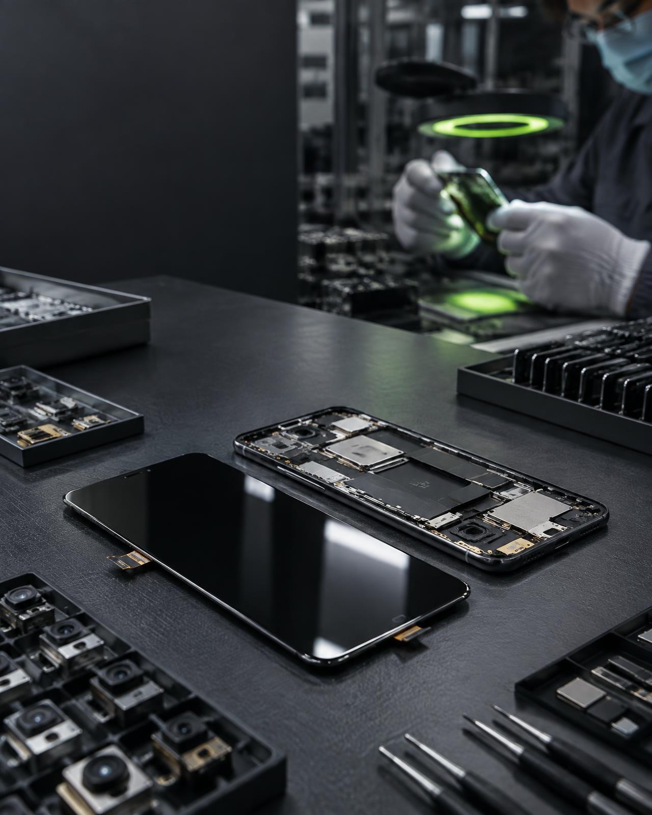 Phone display assemblies undergoing quality inspection at an electronics facility